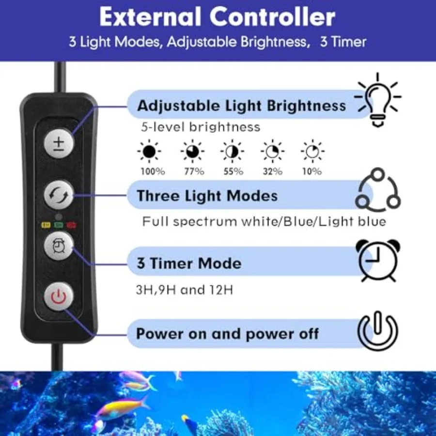 36W Saltwater Aquarium Light, Reef Light for Corals with Timer Adjustable Color and Brightness, Fish Tank Light with Controller