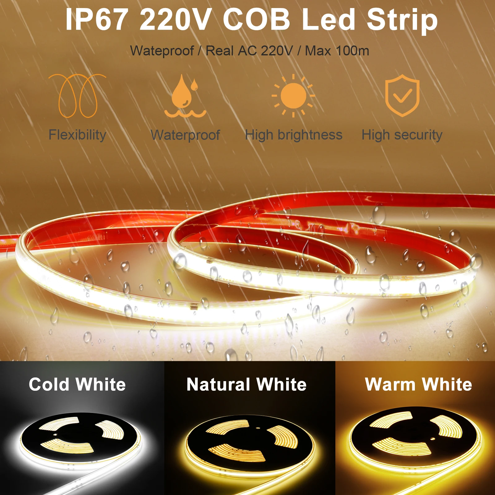 

AC 220V IP67 Водонепроницаемая светодиодная лента COB с регулируемой яркостью Водонепроницаемая светодиодная лента высокой плотности 220V 10 м 20 м 30 м 50 м для наружного декора