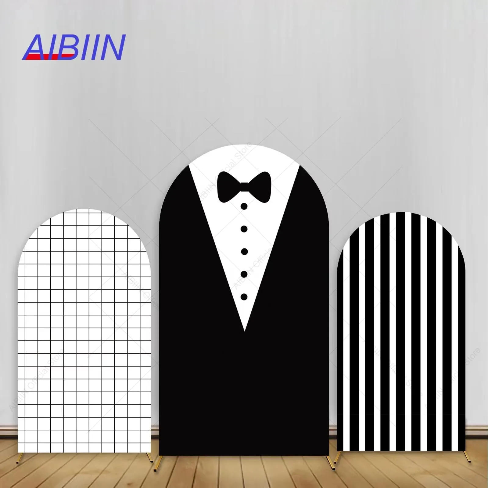 Black Suit Necktie Business Boss Birthday Arch Backdrop Cover Stripe Grid Baby Shower Party Decor Kids Boy 1 Year Background