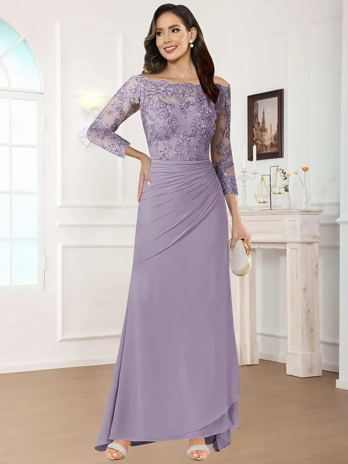 فساتين أم العروس للنساء من الشيفون والدانتيل، فستان رسمي طويل مكشوف الكتفين بأكمام