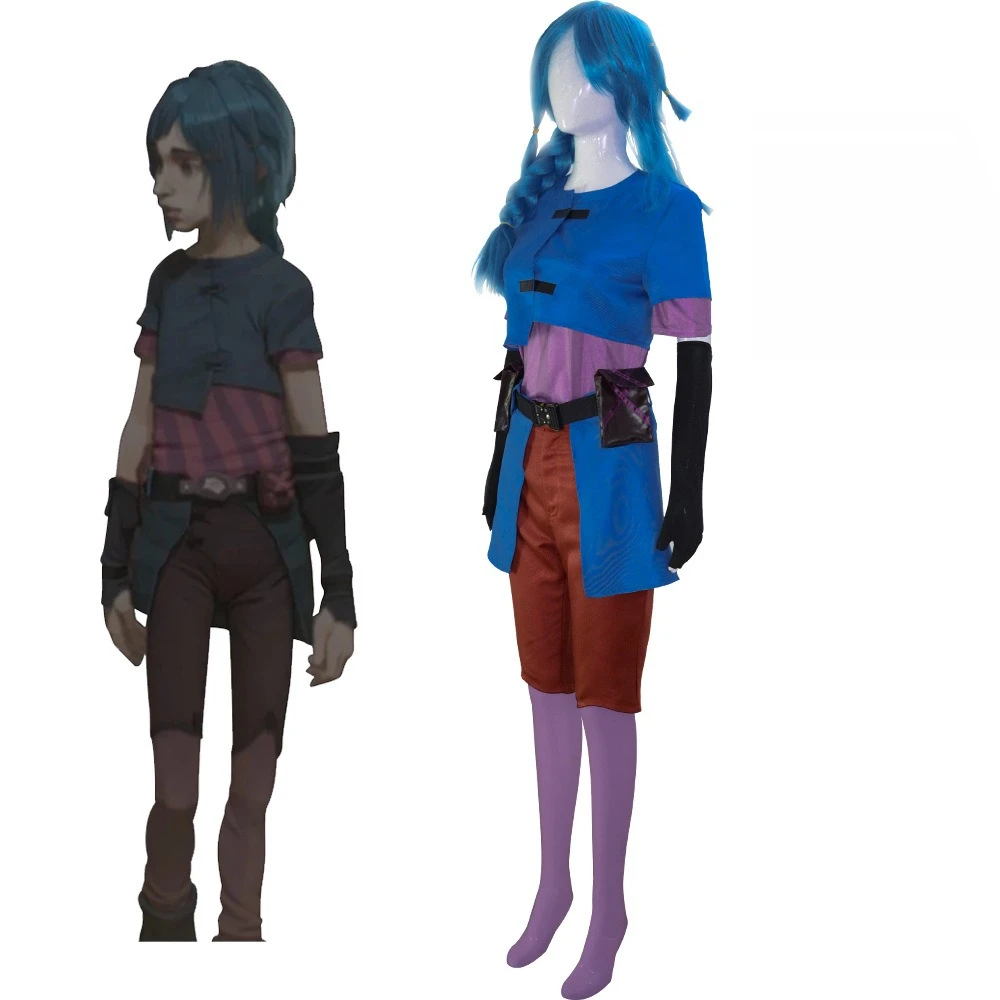 

Role-playing Suit For Anime Game LOL Arcane Powder Cosplay Jinx Junior Childhood Costume Uniform Blue Coat Pants Accessories For