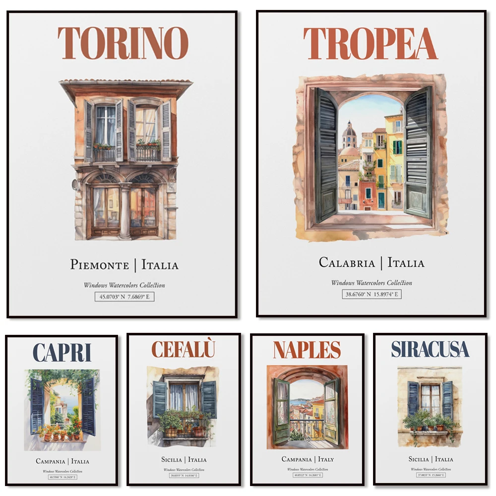 Italia Piedmont, Procida, Pescara, Capri, Trento, Agrigento, Tropea cartel de viaje con ventanas tradicionales ilustración de acuarela