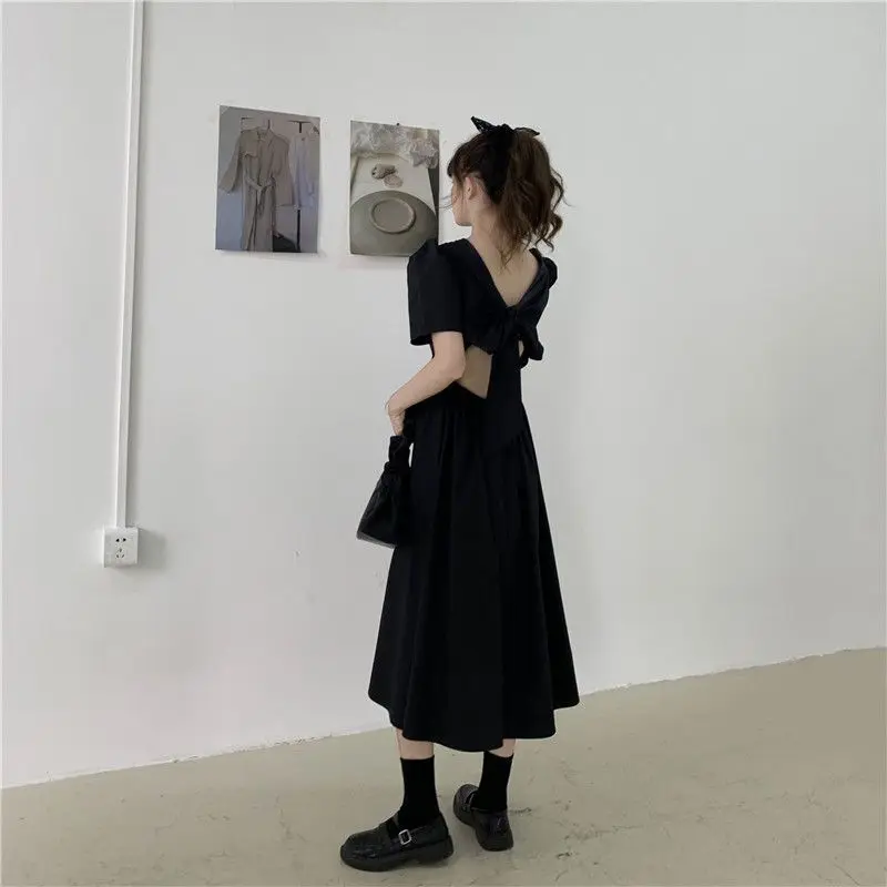 Summer New Solid Round Neck Color Hollow Out Backless Bow Waist High Long Dress Simplicity All-match Korean Women Clothing