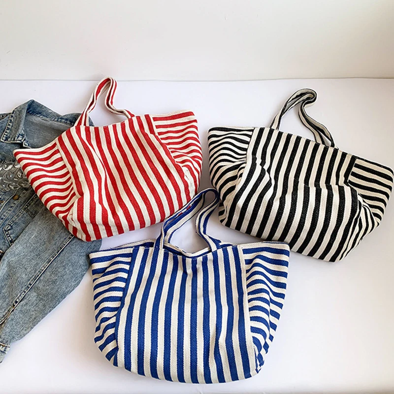 حقيبة كتف مخططة بسيطة وجديدة النسخة الكورية من حقيبة اليد الأدبية الرجعية حقيبة تسوق ذات سعة كبيرة #2