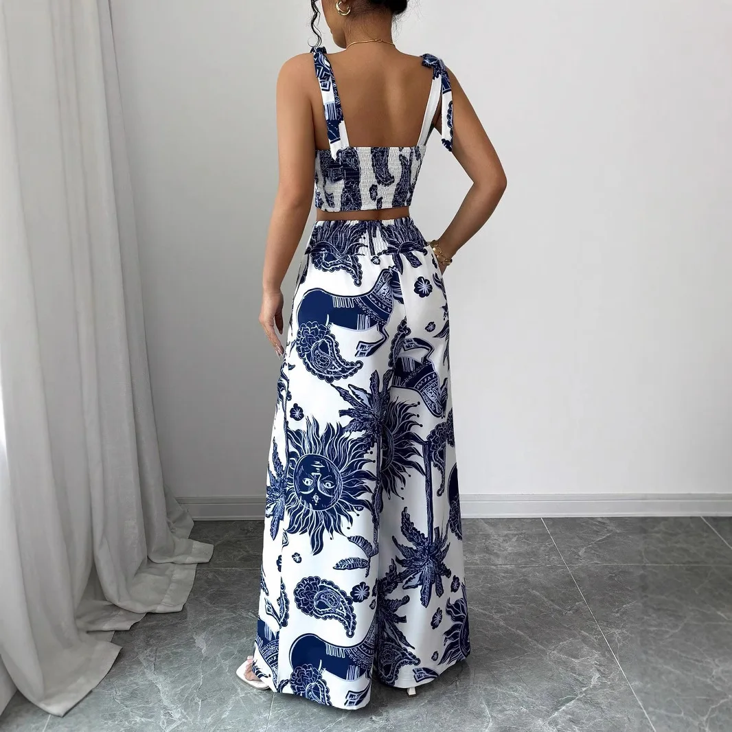Women's Two-piece Set Summer New Casual Suit Sexy Suspender Short Navel Top Fashion Print Loose Wide-leg Pants 2-piece Set Women