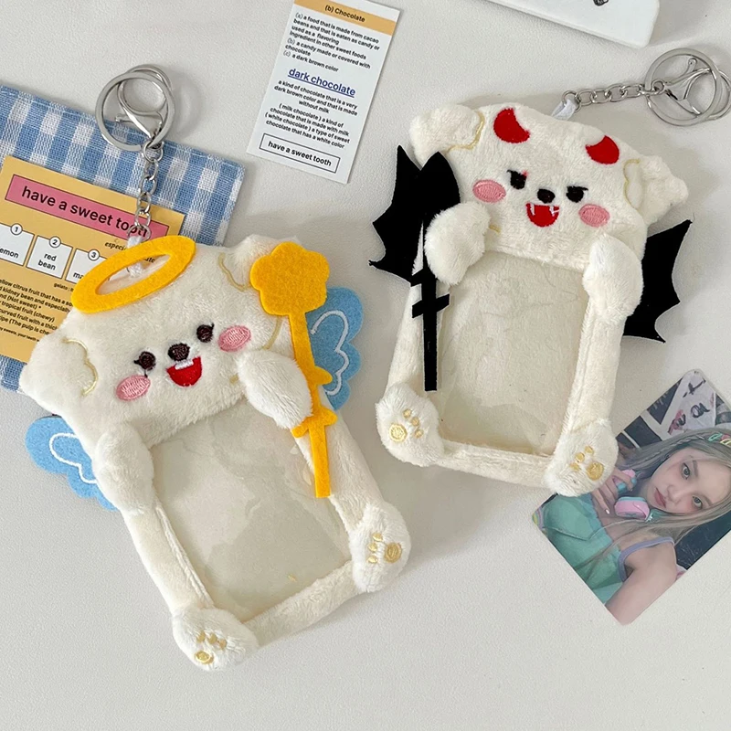 Angel Devil Puppy 3 Inch Kpop Photocard Holder Kawaii Plush ID Card Photo Display Holder Bag Korean School Stationery