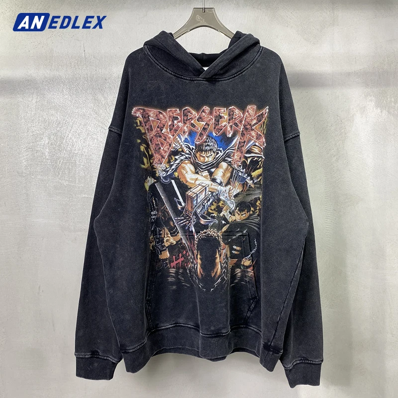 Autumn Winter Washed Sweatshirt Hip Hop Vintage Graphic Hoodie Harajuku Cotton Men Women Anime Printed Hoodies Black