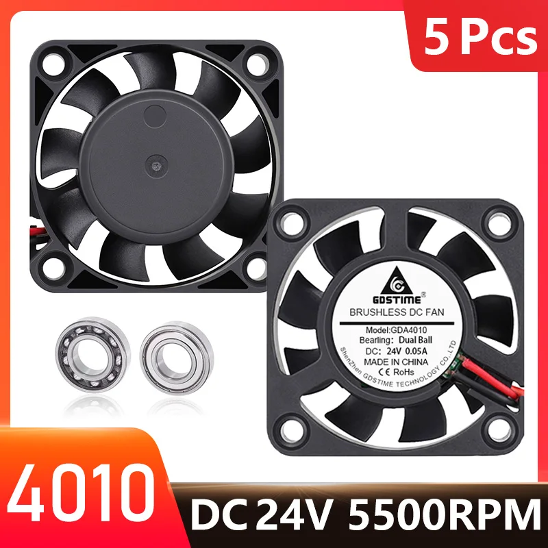 5 Pcs Gdstime 4010 DC 24V Brushless 2PIN 4CM Cooler Dual Ball 40mm Mini Radiator 40x40x10mm Fan for 3D Printer Extruder Cooling