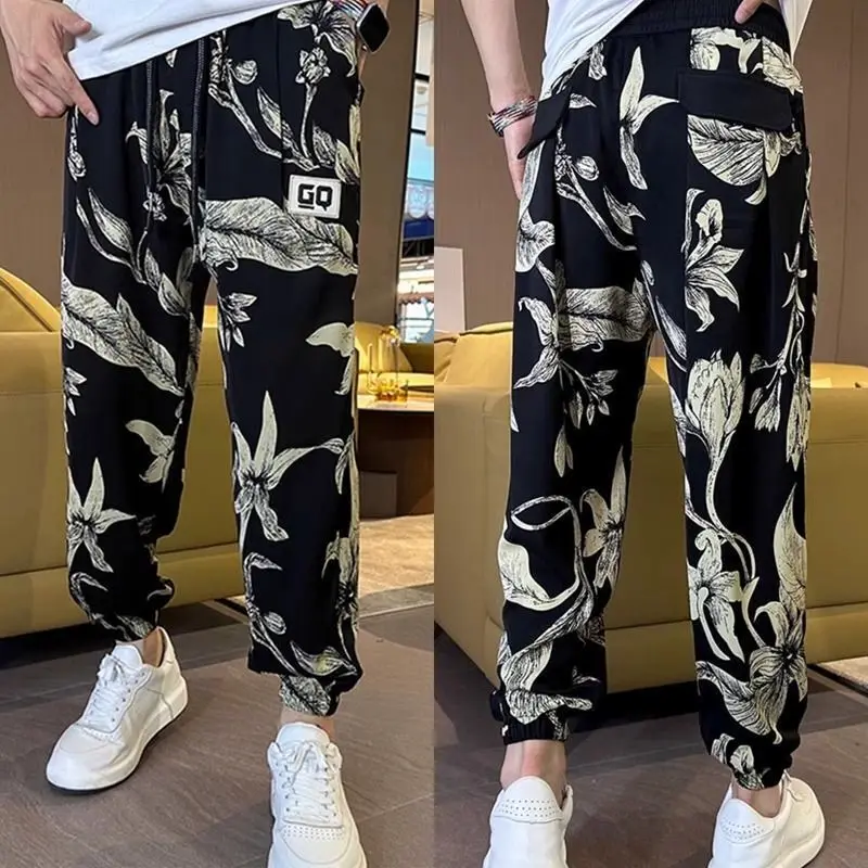 Men's ice silk printing nineminute pants leisure loose Harlan pants youth nineminute pants