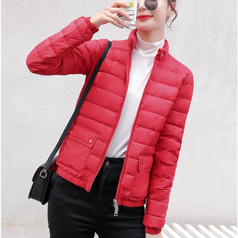 High quality women\'s thin autumn down jacket with zipper stand collar long sleeved short jacket