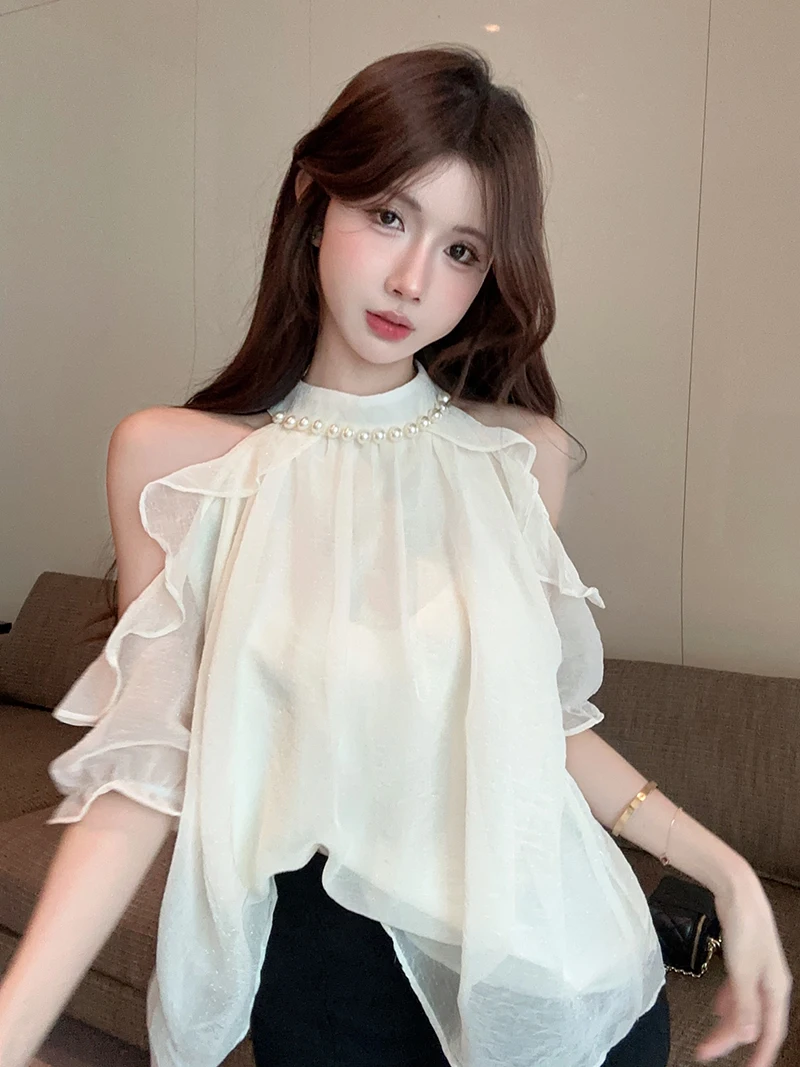 

Elegant Summer Pearl Collar Chiffon Shirt Women's Sexy Shoulder Bared Short Sleeve Stand Collar Korean Style Commute Fashion