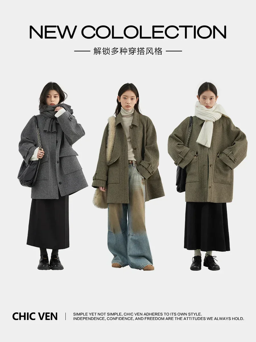 CHIC VEN Women Woolen Coat Casual Single Breasted Long Loose Solid Female Woolen Overcoat Ladies Outerwear Autumn Winter 2024