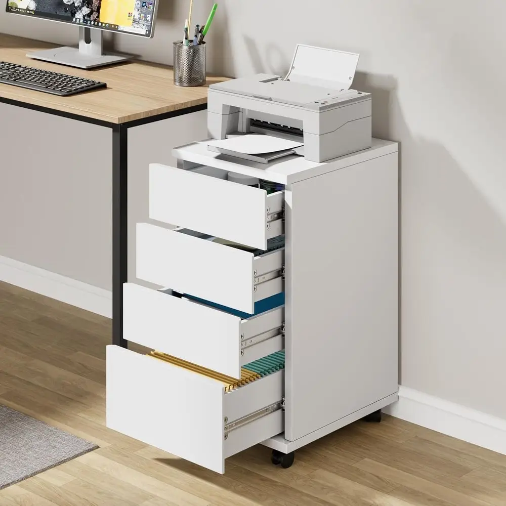 

4-Der Chest, Wood Storage Cabinet with Wheels, Rolling Pedestal Under Desk Der or Home Oice Legal/Letter/A4 Size White