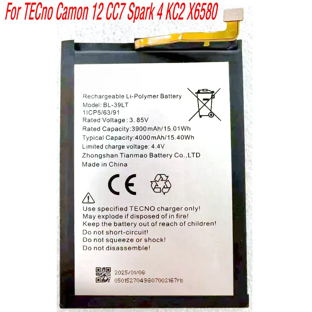 

New BL-39LT High Capacity Battery For TECno Camon 12 CC7 Spark 4 KC2 X6580 Mobile Phone