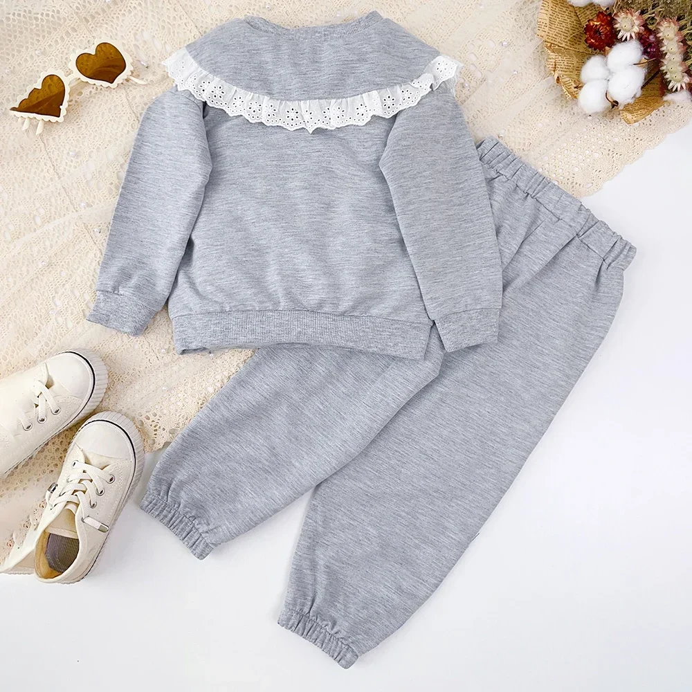 Autumn Grey Sports Style Children's Sets Long Sleeve Lace Collar Top+Pants 2-piece Spring Daily Minimalist Kids Clothes Girls