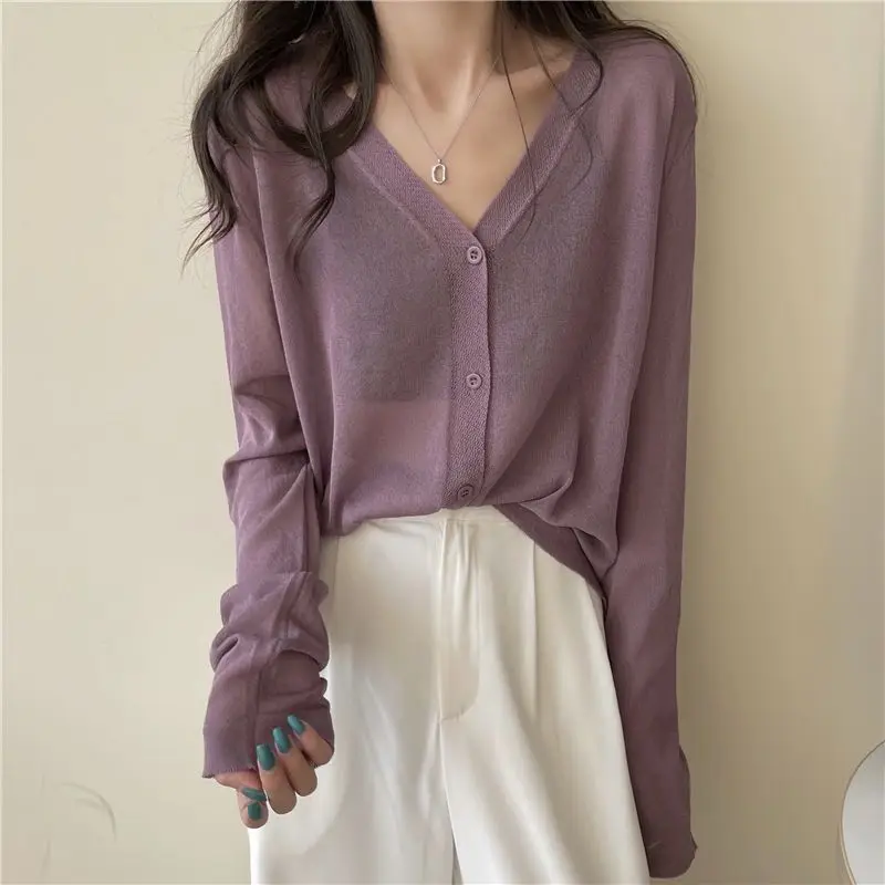 Women Thin Knitting Solid Female V-neck Single Breasted 7-Colors Basic Simple Sweet All-match Long Sleeve Casual Cute