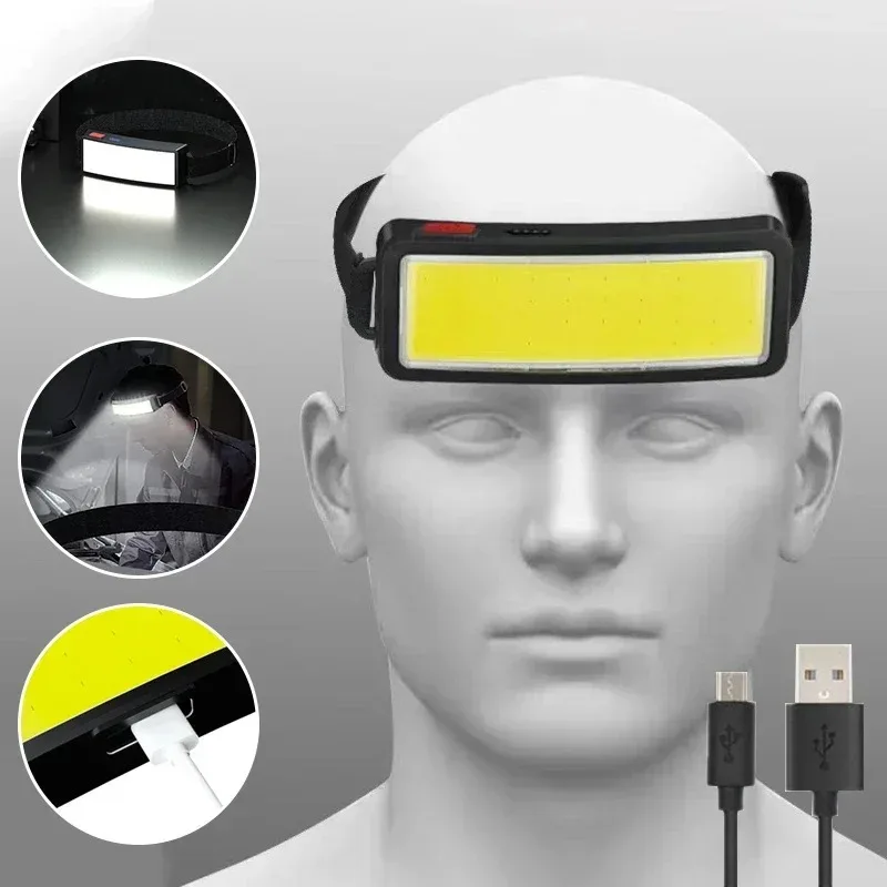 Powerful COB Headlamp Type-c/USB Rechargeable Head Flashlight Built-in Battery Outdoor Fishing Camping Lantern Waterproof Torch