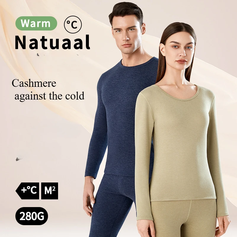 Autumn Winter Women's Underwears O Neck Seamless Cashmere Long Johns Thermals Leggings Two-piece Suit Heating Warm Underwear Men