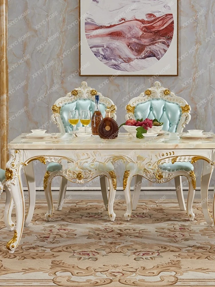 European dining table solid wood marble surface gold painted square dining table villa set