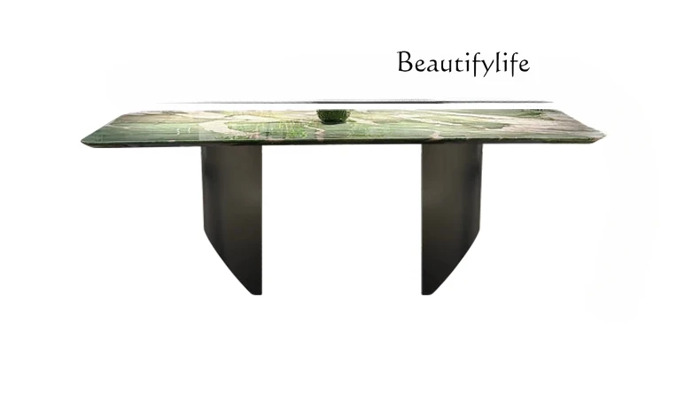 

Jade luxury stone dining table green natural marble dining table Italian light luxury advanced dining table customization