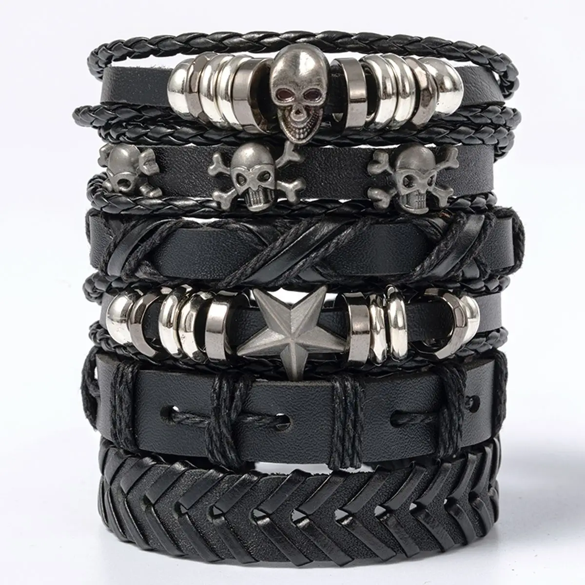 6pcs/Set Black Punk Skull & Star Shaped Alloy & Pu Leather Bracelet