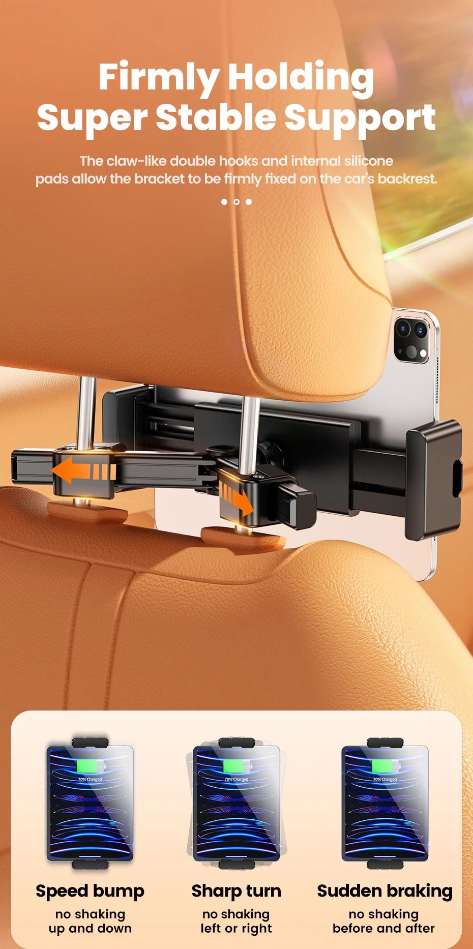 Toocki 360 ° Auto-Rücksitz-Handyhalterung mit Gleitschienen-Design, Tablet-Ständer für Kopfstützenmontage, 4,7-12,9 Zoll – Detail 5