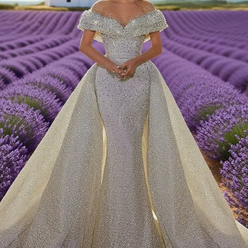 

Customzied Mermaid Luxury Wedding Dresses Sweetheart Off The Shoulder Lace Beading Detachable Train Robe