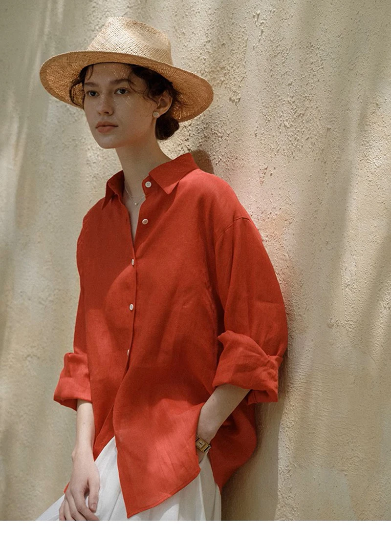 Camicia a maniche lunghe da donna in lino 100% Lino naturale rosso Allentato Top casual taglie forti per giochi all'aperto Comodo sudore da polso fresco