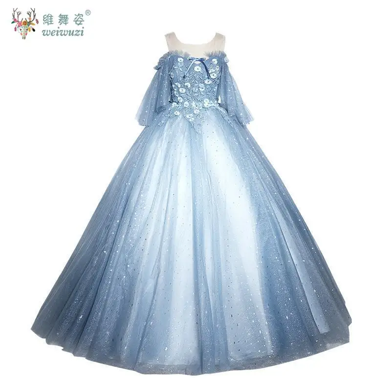 ชุดเดรสหรูหราสีน้ำเงินประดับเลื่อมจีบระยิบระยับผ้าทูลล์แต่งแอพพลิเคสำหรับงานวันเกิด งานเลี้ยงตอนเย็น งานแสดงบนเวที ชุดแฟนซี