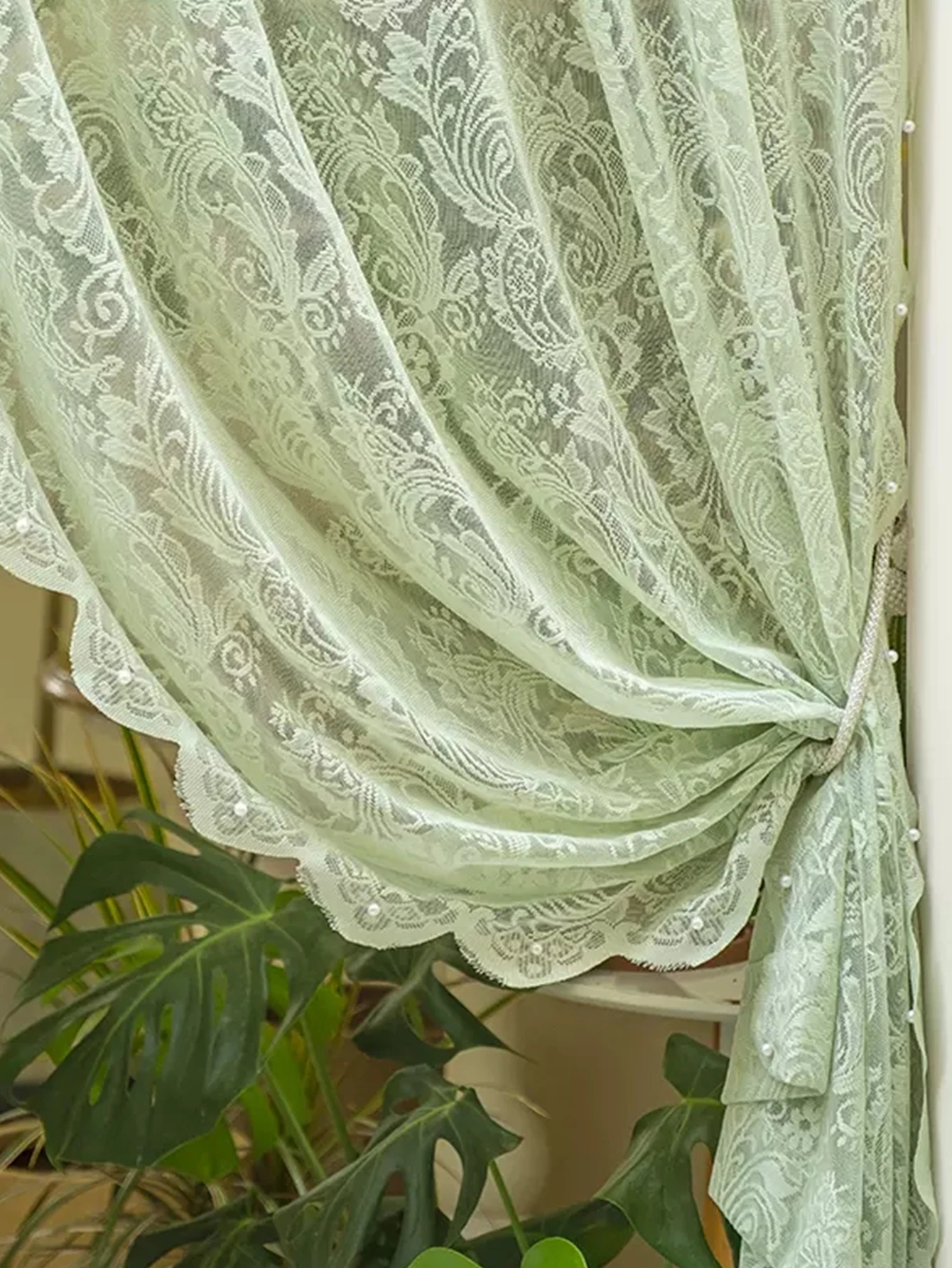 1pc green lace small flower tulle curtain with beaded edge，romantic style for living room bedroom window door decoration