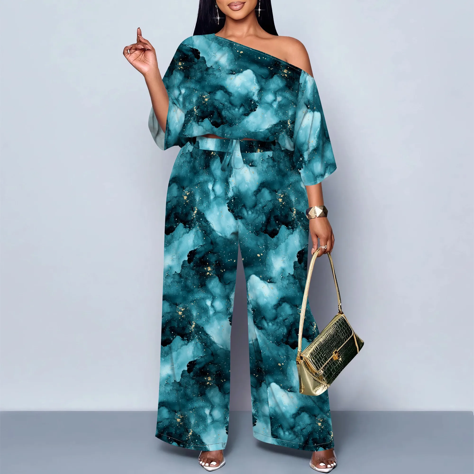 

EQQZD Stylish Slanted Shoulder Two-Piece Set for Women, Summer Outfits Lounge Sets with Artistic Pattern Printing