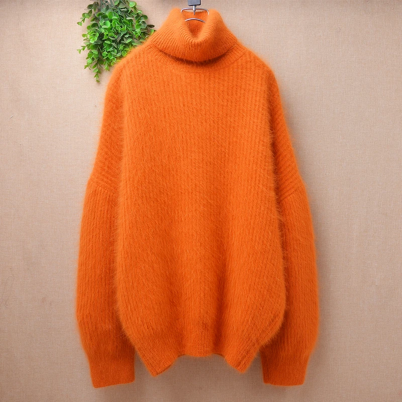 Female Women Fall Winter Clothing Hairy Plush MInk Cashmere Knitted Turtleneck Split Loose Pullover Angora Fur Jumper Sweater