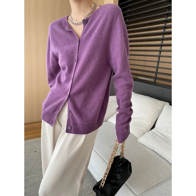 2024 Women Autumn O-Neck Single Button 100% Cashmere Cardigans Wool Fleece Sweater Purplr Green Color Women Cape Clothes Tops