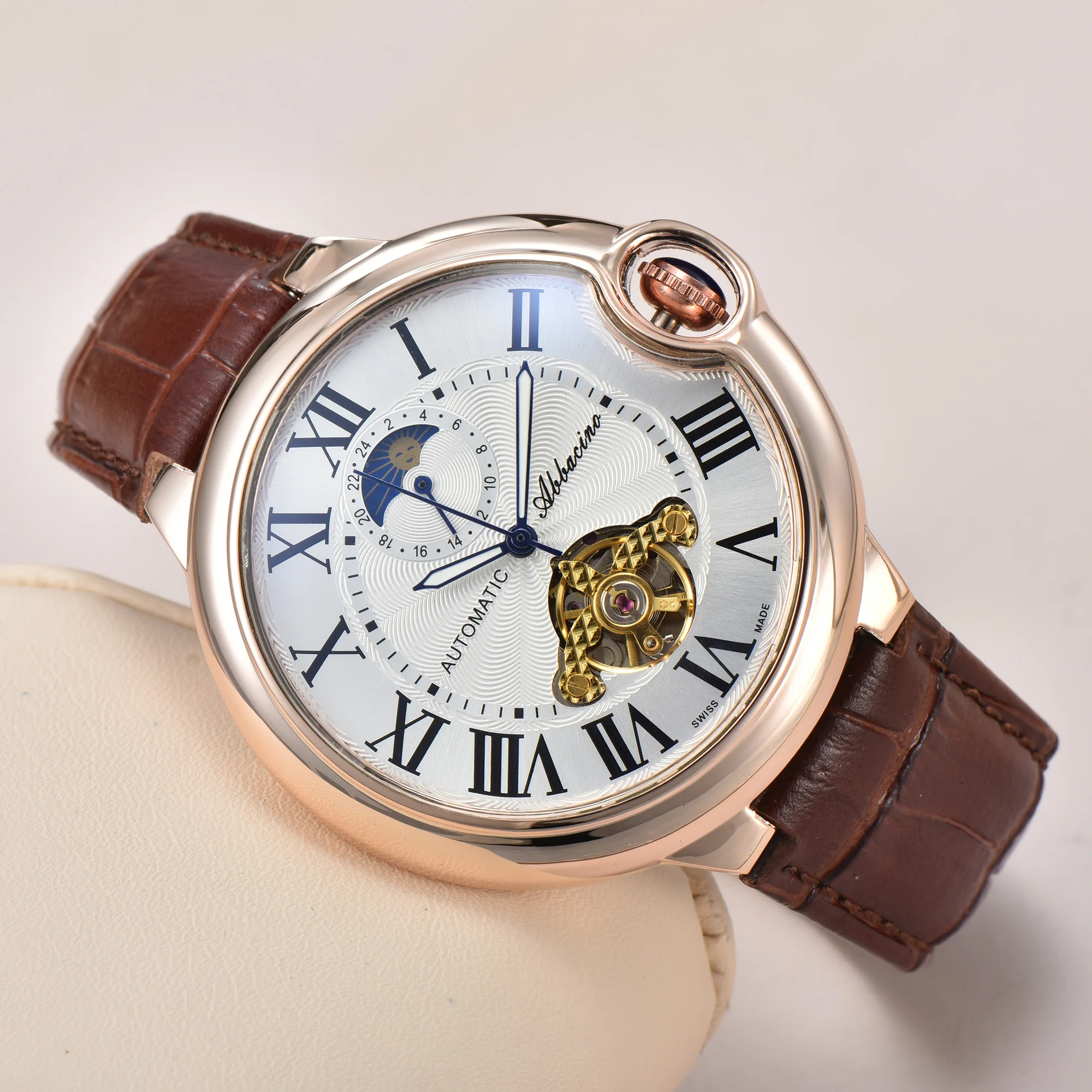 ABBACINO Top ยี่ห้อ Classic อัตโนมัติ Tourbillon นาฬิกาผู้ชายแฟชั่นหนังคู่นาฬิกาข้อมือ Unisex