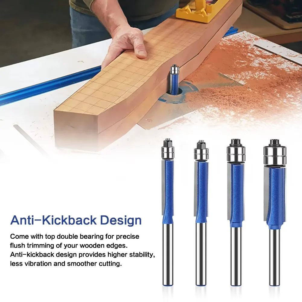 1 PC 1/4′′ 5/16′′ 3/8′′1/2′′ Router Bit 6mm 1/4′′ Shank Flush Trim Bit with Two Bearings Router Bits for Wood Trimming Cutters