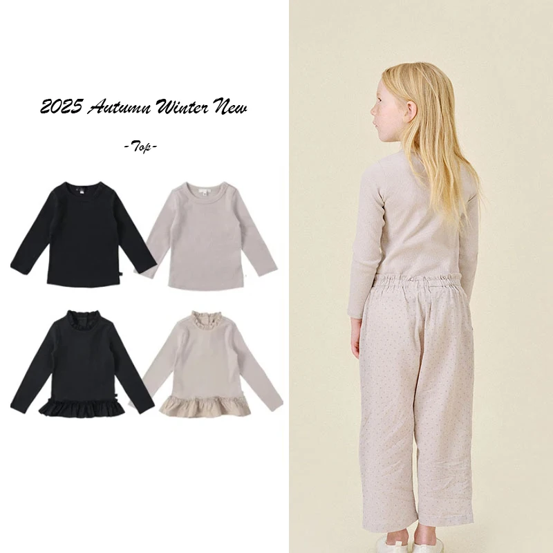 

2025 Autumn Winter Girls' Warm Bottom Top Made of Pure Cotton Comfortable Long Sleeved Bottom Knitted Shirt with Lace Collar Top