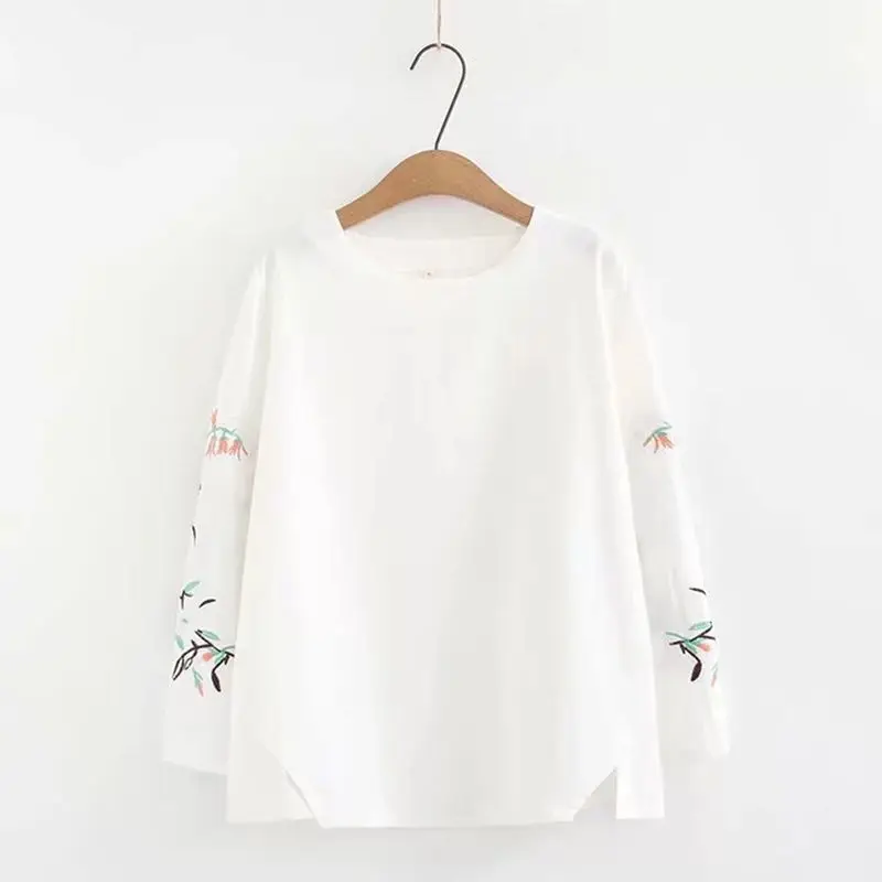 Embroidery Elegant XXL Cotton Linen T Shirt Women Middle Age Loose Casual Basic Tee Mom Spring Fall Outwear Clothes Comfortable