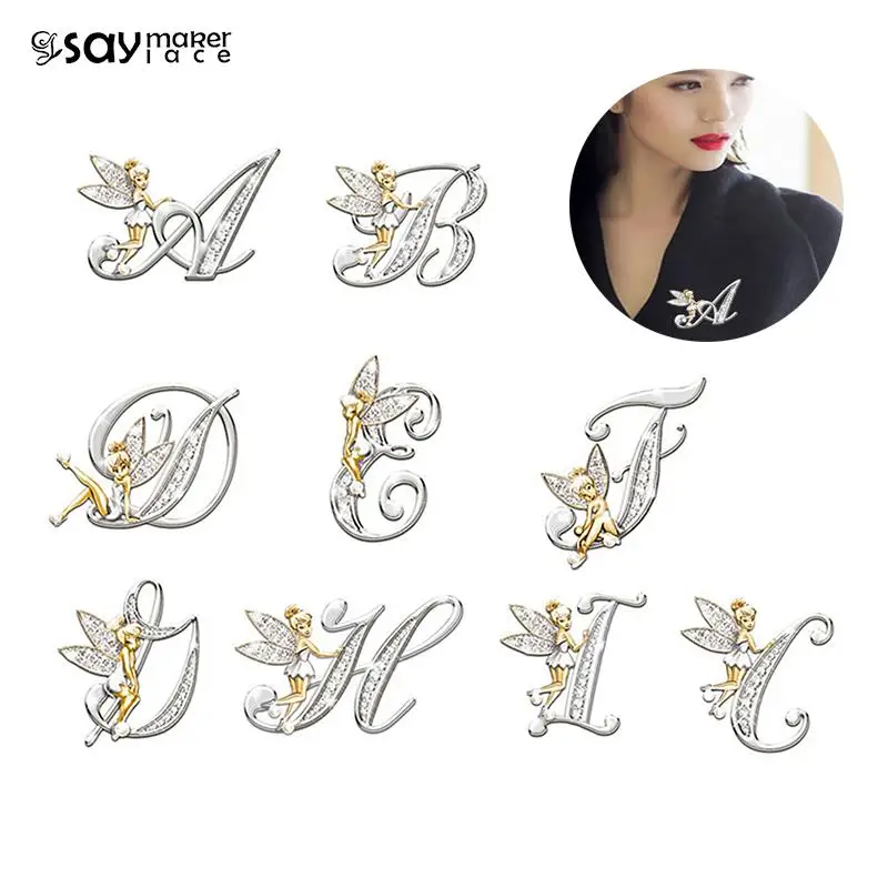 1PCS New Metal Crystal English Letter Word Brooch Elf Angel Lapel Pina Suit Shirt Collar Pins Brooches For Women Accessories