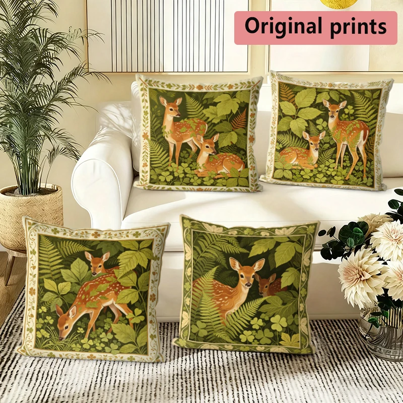 Vintage Deer Forest Throw Pattern Cushion Cover Suitable for Sofa Bedroom Car Pillow Cover