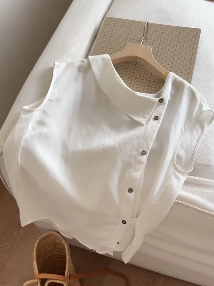 

Elegant White Sleeveless Shirt Women's Summer Thin Design Irregular Chic Top Trendy Commute Style Loose Fit Pure Color Button...