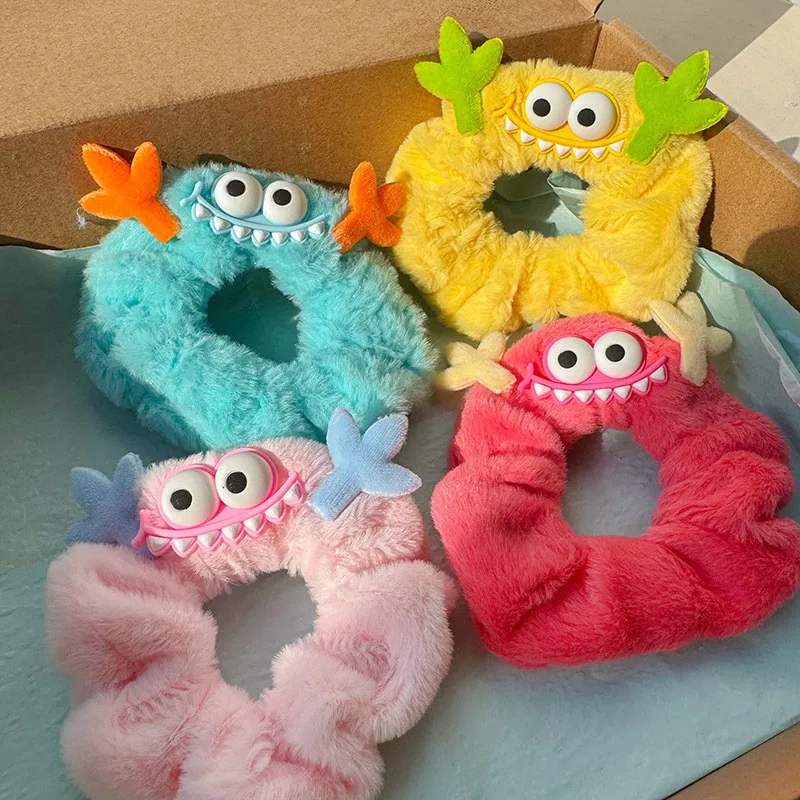 YHJ Cartoon Small Monster Plush Scrunchies Elastic Hair Bands Winter Funny Hair Tie Rope Cute Children's Kawaii Accessories