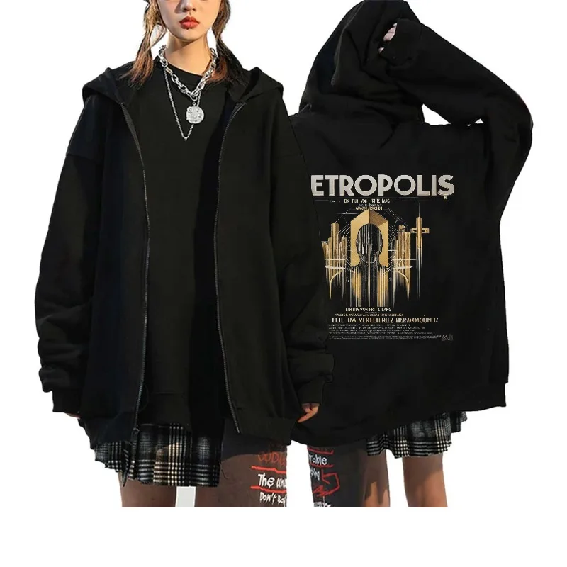 

Men's Hooded Jacket Black Metropolis Movie Poster Print Casual Streetwear Outdoor Fashion Coat for Men and Women