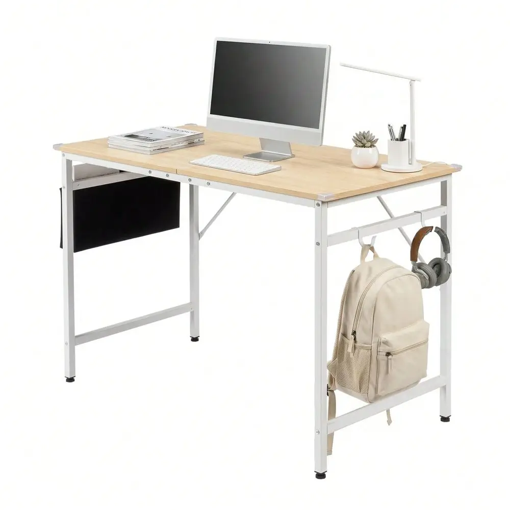 Oak CutOff Design PC Desk Heavy Duty AntiWobble Metal Frame Under Desk Fabric Organizer Side Hanging Hooks Flat Pack Student St