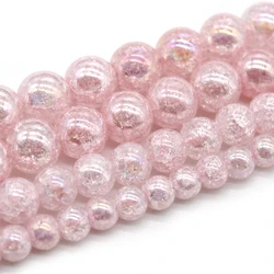 Shining Pink Snow Cracked Crystal Stone Beads 6/8/10mm Round Loose Quartz Crystal Beads for Jewelry DIY Making Bracelet 15
