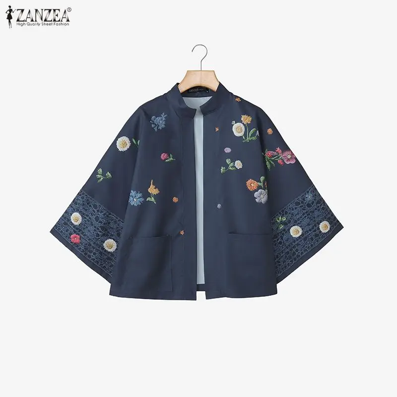 

ZANZEA Womens Floral Printing Cardigans Stand Collar 3/4 Sleeve Patch Pocket Open Front Tops Spring Summer Casual Woman Clothes