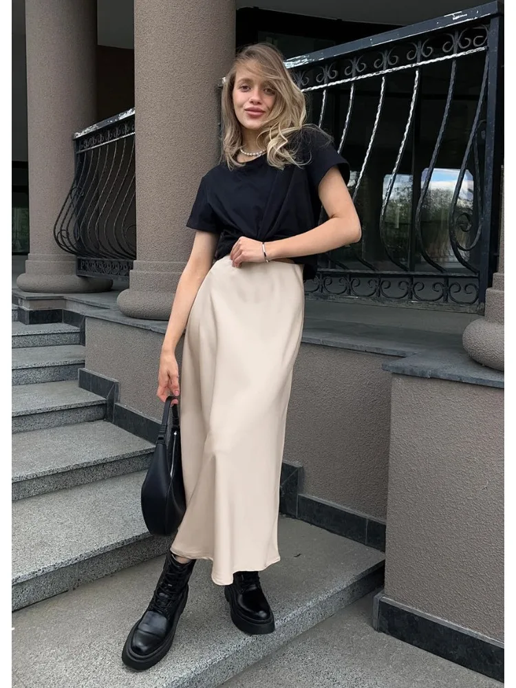 กระโปรงผ้าซาตินเนื้อนุ่มสำหรับผู้หญิง สีพื้น เอวสูง ทรงเอ พลีท ความยาวปานกลาง สไตล์ฝรั่งเศส เหมาะสำหรับใส่ทำงาน