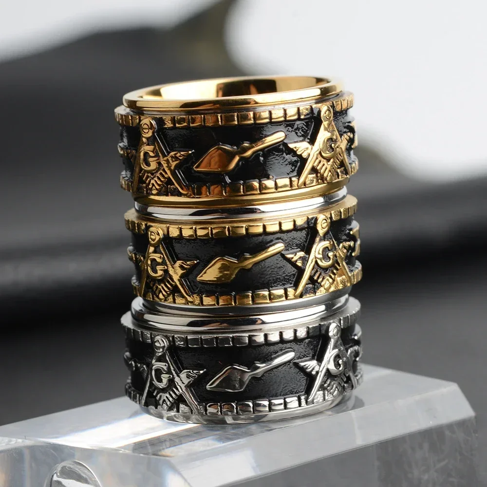 High-end Men's Masonic Fidget Spinner Anxiety Ring Vintage Women Anti Stress Stainless Steel Rings for Men Women Jewelry Gift