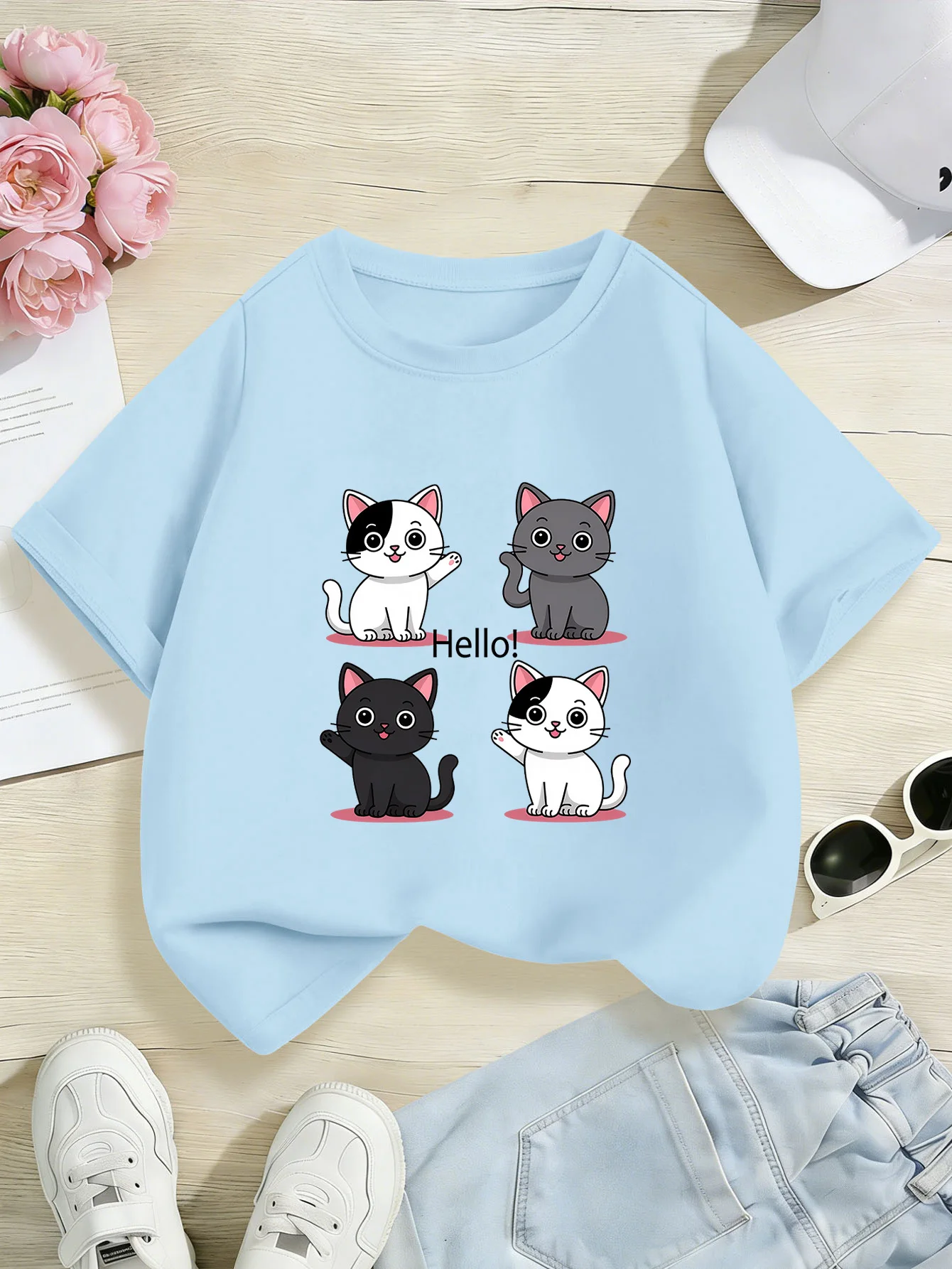 Cute Hello Four Cartoon Kittens Graphic Print Kids Tee Boys Girls Family Matching Cotton Crew Neck Short Sleeve Soft Summer Tee