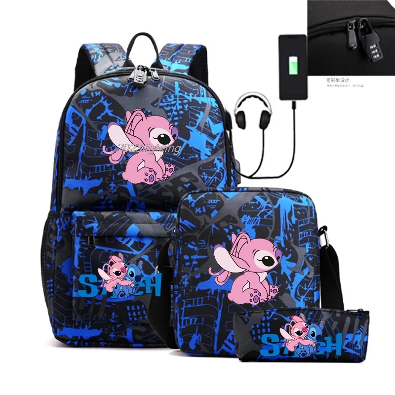 Lilo Stitch plecak 3 szt. An-ti Lock torby szkolne o pojemności USB dla chłopców dziewcząt Cartoon Travel Mochilas z torbami na ramię