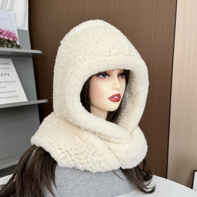 Real Rex Rabbit Fur Hat Fashion Fur Scarf Hat Winter Warm Thickened Natural Fur Hat  Winter Fashion Fur Hat With Neck Scarves